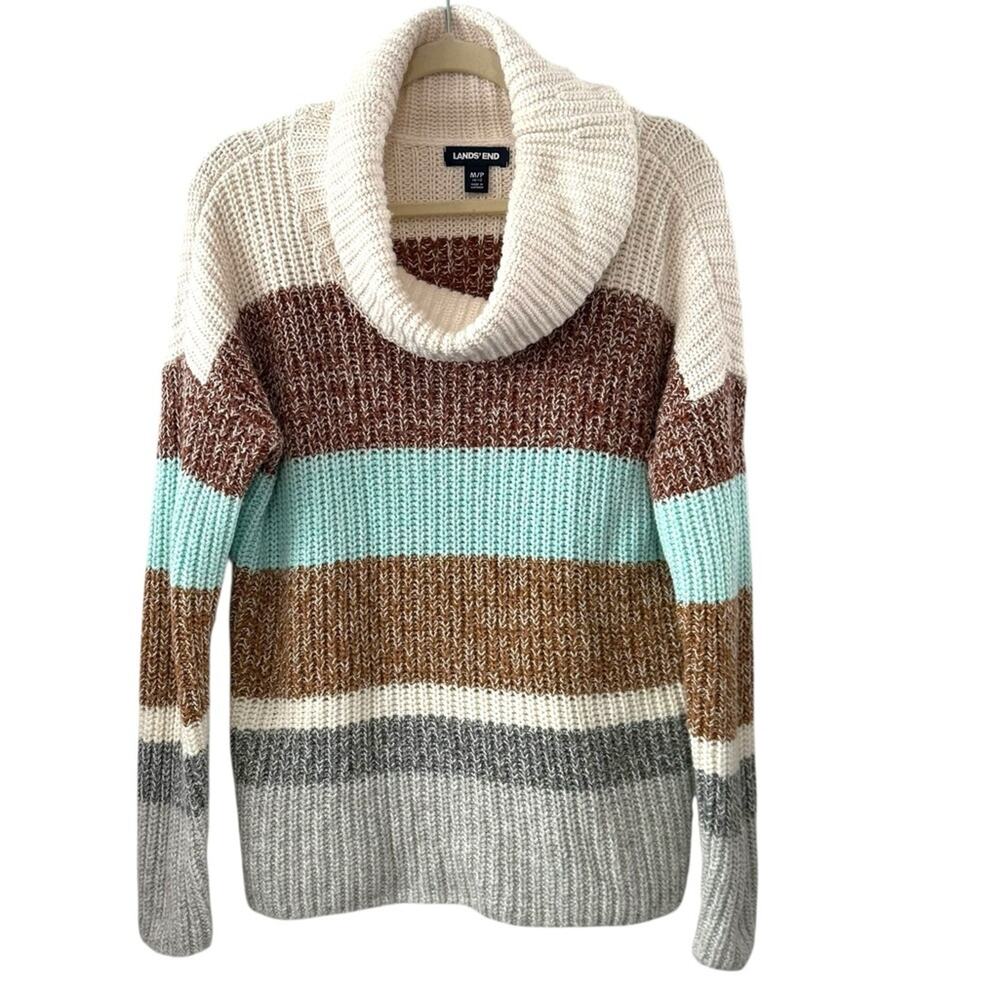 Lands’ End Medium Petite Multicolor Striped Chunky Knit Cowl Neck Sweater Cotton